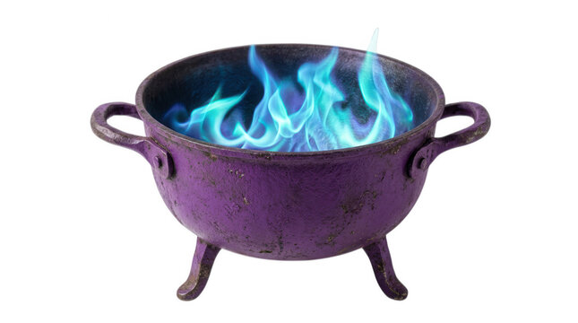 Purple cast iron cauldron with blue magical fire isolated on transparent background