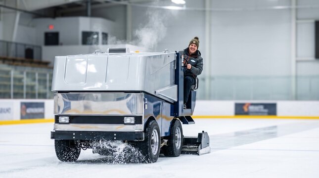 Zamboni cleaning ice rink, Man driving ice resurfacer on indoor hockey rink  
