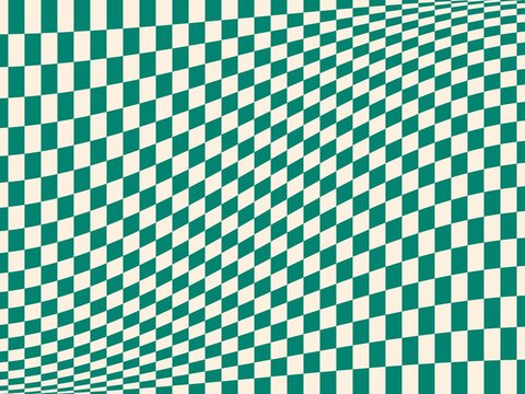 Distorted checkered green background.  Twisted and distorted vector texture in trendy retro psychedelic style