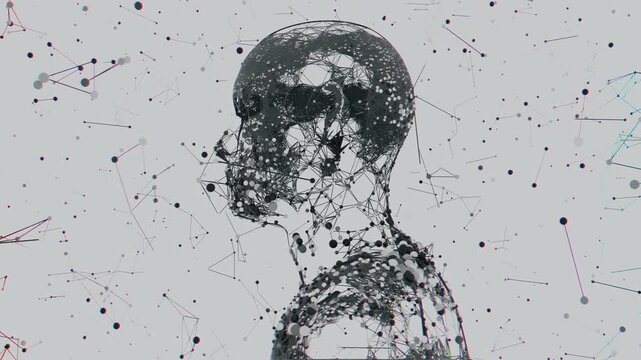 Seamless loop of abstract human bust dissolving into floating plexus particles. Digital futuristic artificial intelligence model made of connected molecular nodes and neural lattice science background