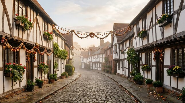 Charming historic cobblestone street with medieval half timbered houses decorated for autumn festival