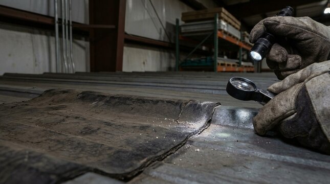 Industrial worker conducts meticulous inspection of a deteriorating surface using a flashlight and magnifying glass, ensuring quality control and safety standards within a manufacturing environment