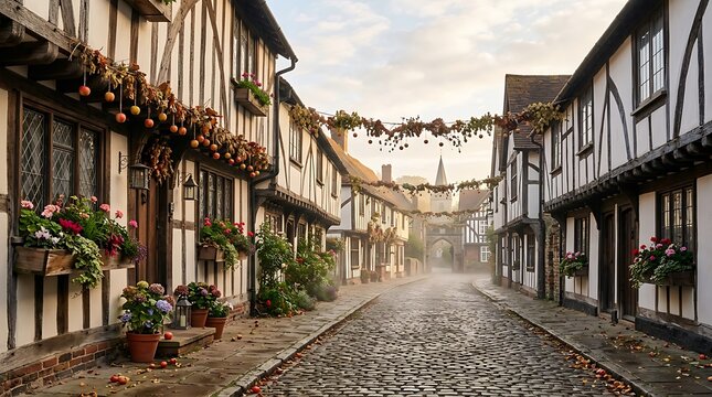Charming medieval street scene with traditional timber-framed houses adorned with floral decorations during a festive season
