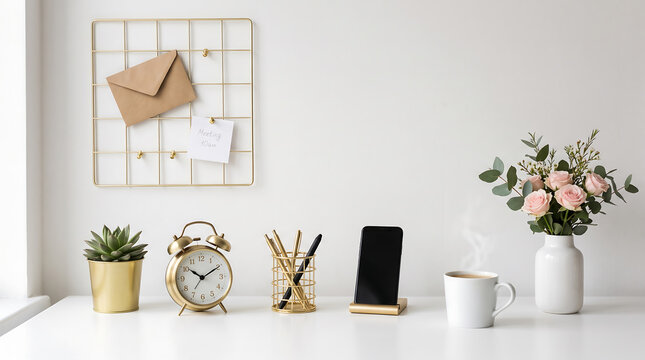 Desk workspace featuring gold office accessories white wall clock smartphone succulent plant and fresh roses bouquet