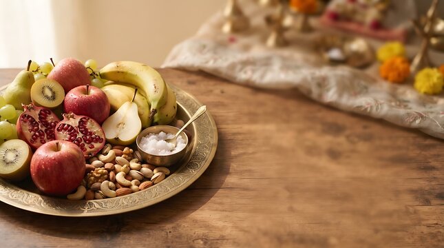 Fresh fruits, nuts and offerings on a traditional brass plate for Hindu puja ritual, fasting food on wooden table