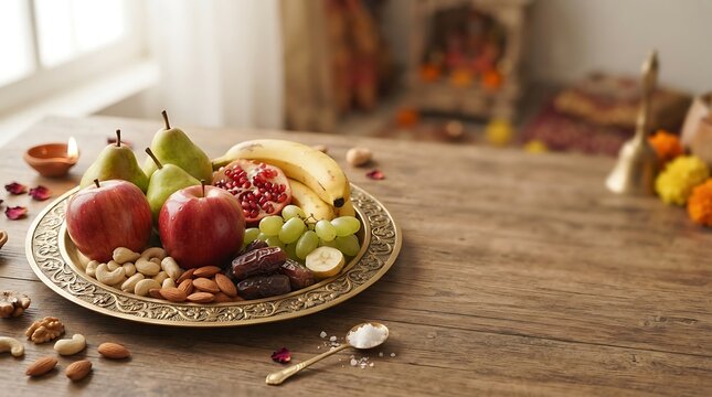 Brass Platter with Fresh Fruits and Dry Fruits for Hindu Puja Ritual Offering on Wooden Table