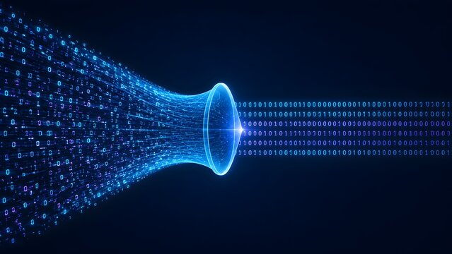 Abstract Glowing Blue Data Funnel Compressing Binary Code Stream In Cyberspace