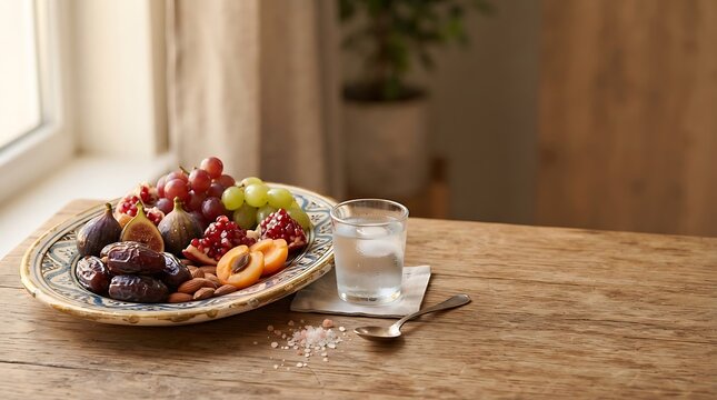 A decorative platter overflowing with a vibrant assortment of fresh fruits and dates, artfully arranged next to a refreshing glass of water on a rustic wooden table