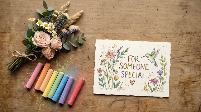 Greeting Card with For Someone Special Message Beside Pastel Chalks and Bouquet on Wood