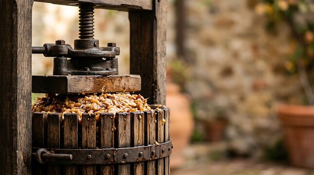 Traditional wooden wine press with crushed grapes for winemaking in a rustic outdoor setting