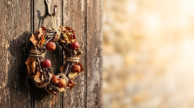 Rustic autumn wreath with dried leaves and apples hanging on a wooden door