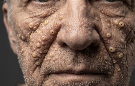 Macro Detail of Severe Sebaceous Hyperplasia and Umbilicated Papules on Senior Male Face