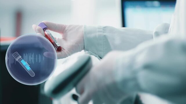 Blood scan test, high tech blood scanning detection, a lab technician in gloves scans a blood test tube with a barcode scanner, while a holographic digital interface visualizes the sample data.