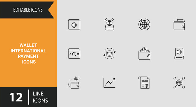 Wallet International Payment Outline Icon Set for Global Wire Transfers and Currency Exchange