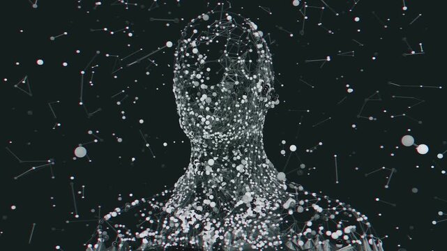Seamless loop of abstract human bust dissolving into floating plexus particles. Digital futuristic artificial intelligence model made of connected molecular nodes and neural lattice science background