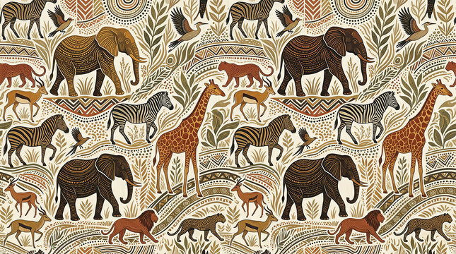 Tribal african savanna motif with elephants giraffes zebras and big cats for creative design projects.
