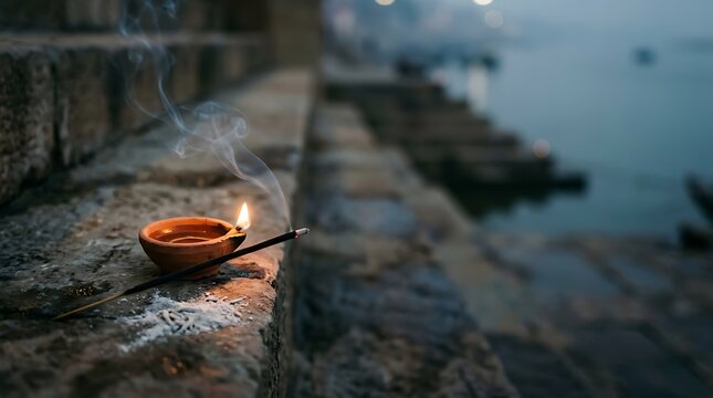 Spiritual Prayer with a Lit Clay Diya and Incense Burning on Ancient Stone Ghats by the Water