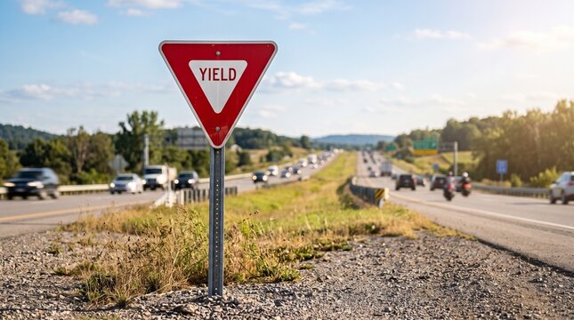 Triangular red and white yield sign stands prominently beside a busy highway featuring motion blurred vehicles under a bright sunny afternoon sky with lush green trees