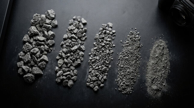 Gravel and stone samples arranged by size on dark surface, showcasing texture and variety