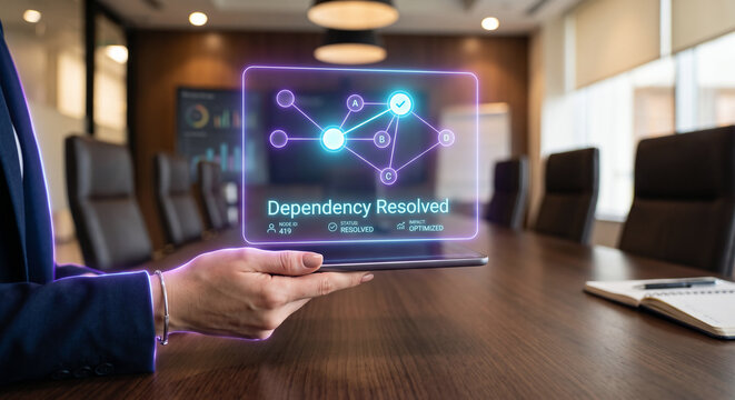 Program manager hand holding tablet with holographic cross-team dependency mapping node diagram, digital project coordination concept in boardroom