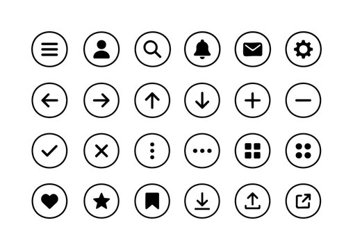 Circular UI Action Black Icon Set with Menu, Profile, Search, Notification and Navigation Symbols for Mobile App Design