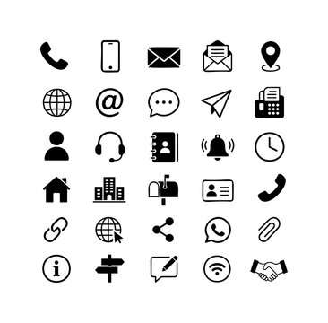 Contact and Communication Black Icon Set with Phone, Mobile, Email, Location and Business Card Symbols for Website and Corporate Design