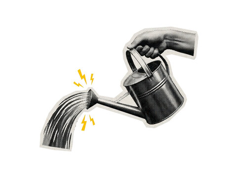 Hand holding a metal watering can pouring water with yellow lightning bolts, in a halftone ripped paper style