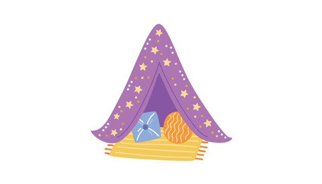 Kids play tent teepee with purple star pattern cushions and yellow rug