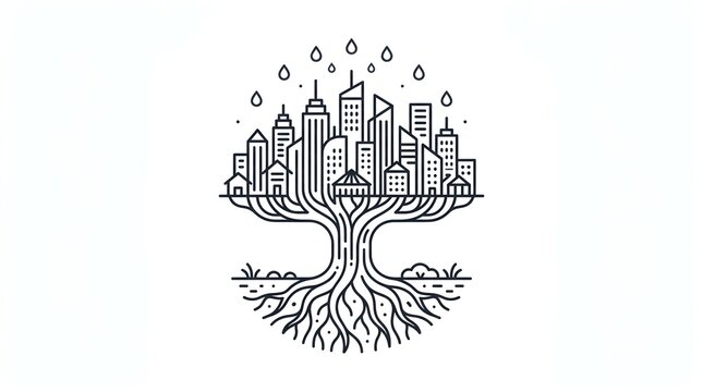 Minimalist Line Art Icon City Skyline Tree Growth Concept