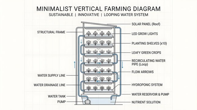 Minimalist Vertical Farming Diagram Sustainable Looping Water System