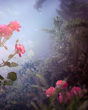 Fantasy vertical background with blooming pink rose flowers in fairy tale whimsy garden, fairytale glade wallpaper, magic tranquil misty landscape template, whimsical scene with copy space.