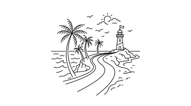 Coastal Road Leading to a Lighthouse with Palm Trees and Ocean View