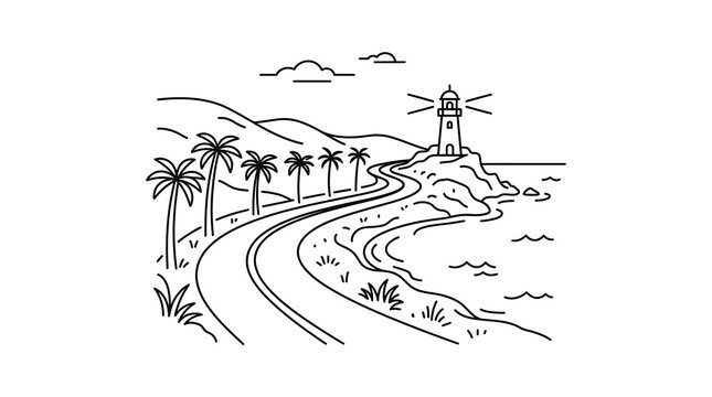 Minimalist Coastal Road Scene with Lighthouse and Palm Trees