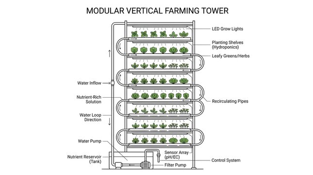 Diagram of a Modular Vertical Farming Tower System