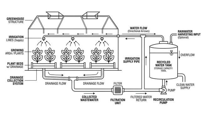 Greenhouse Hydroponic System Diagram Illustrating Water Recirculation