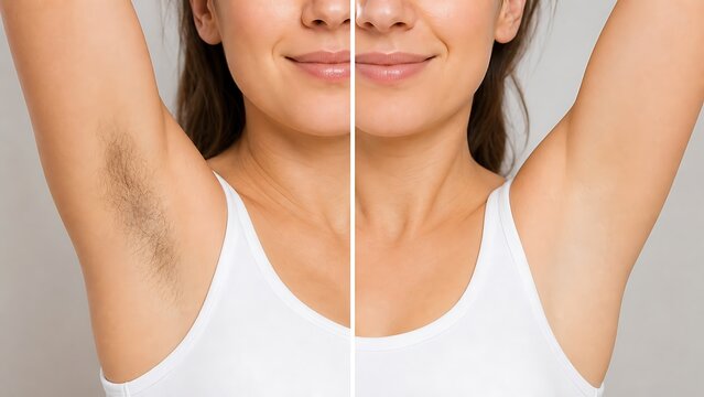 Before and after comparison of a woman's underarm hair removal with smooth skin on the right side