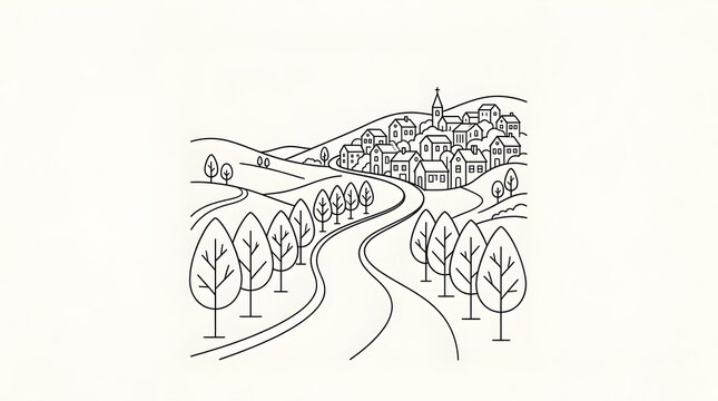 Minimalist Line Art Illustration of a Quaint Village on a Hillside with Winding Roads and Trees