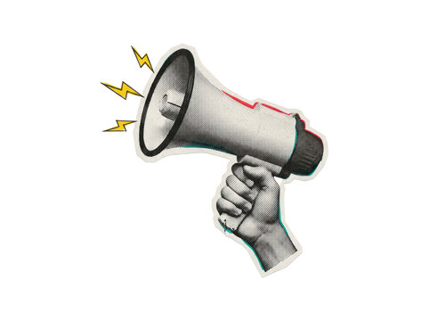 Hand holding a megaphone with halftone texture, yellow lightning bolts, and red cyan glitch effect