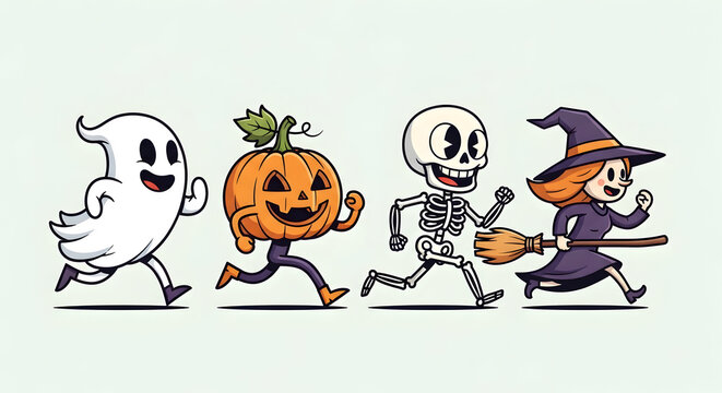 Cute cartoon halloween characters running including ghost pumpkin skeleton