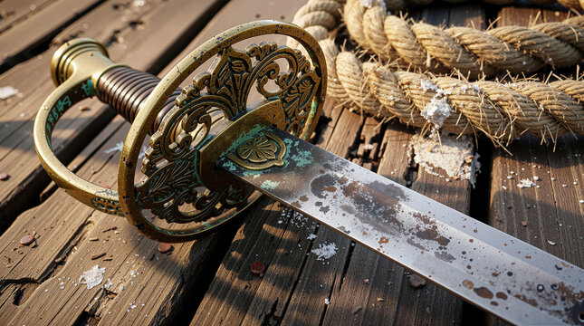 Vintage Pirate Cutlass Sword with Ornate Brass Hilt and Weathered Steel Blade Resting on Rustic Wooden Ship Deck with Coiled Maritime Rope