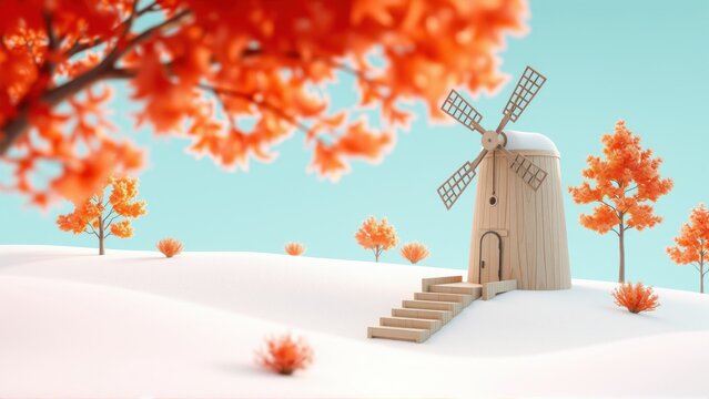 Minimalist landscape. Wooden windmill stands on snowy hill. Orange trees surround structure. Soft lighting, serene scene.