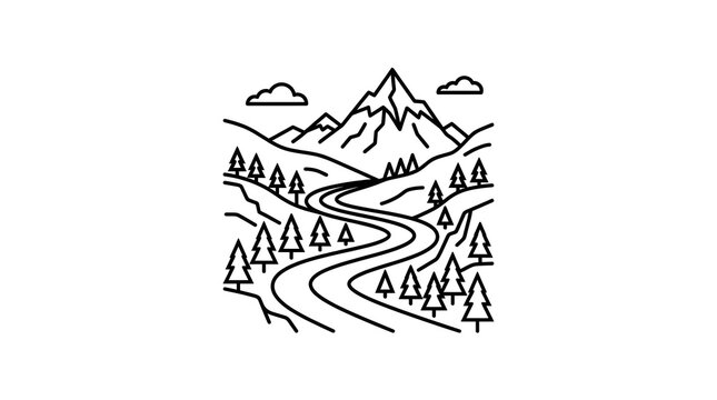 Minimalist Line Art Icon of Mountain Road and Trees