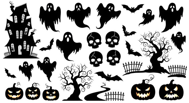 Halloween silhouette icons set featuring haunted house ghosts skulls pumpkins