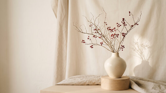 Ceramic vase with red berry branches on wooden pedestal against soft beige fabric background aesthetic