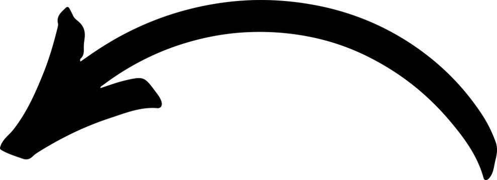 Curved Left Arrow PNG Hand Drawn Black Brush Stroke Symbol Isolated on Transparent Background