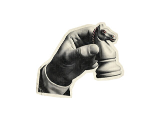 Hand holding a white chess knight piece, rendered in halftone collage style, isolated on transparent background © creatfive
