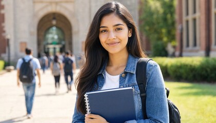 Fototapeta premium Indian university student holding books smiling on campus with blurred background