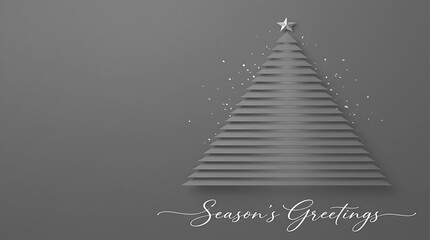 Fototapeta premium Minimalist geometric Christmas tree graphic with sparkles and the text 'Season’s Greetings' for holiday.