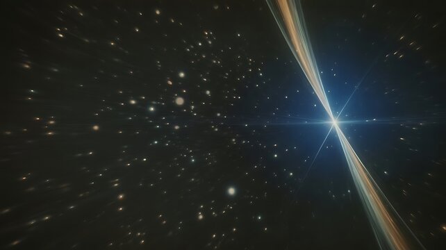 Abstract cosmic background, featuring a bright, radiant star bursting, through deep space, with glowing light, streaks and scattered, distant star clusters