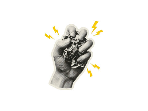Hand clenching a crumpled piece of paper in a halftone pop art style with yellow lightning bolts on a transparent background